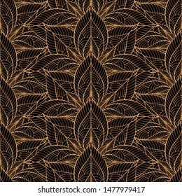 Peacock feathers floral royal pattern seamless. Gold black luxury background vector. Asian design for christmas wrapping paper, beauty spa, new year wallpaper, birthday gift, wedding party.