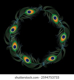 peacock feathers form a round frame for greetings or messages. linear drawing with a gradient on a black background. stock vector illustration.EPS 10.