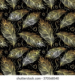 Peacock feathers. Golden seamless pattern. Vector illustration. Wallpaper luxory background, for textile design. Elegant linear style ornament, isolated over black background. Boho chic. 