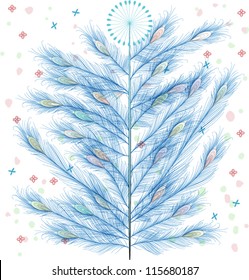 Peacock Feathers hand drawn Christmas tree, EPS10 Vector background