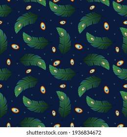 Peacock feathers hand painted seamless pattern. Vintage style of feather isolated on blue background. Vector illustration background for textile decor and design. Fashionable template