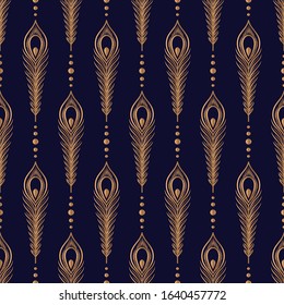Peacock feathers luxury pattern seamless. Oriental gold black royal background vector. Filigree design for gift wrapping paper, beauty spa, yoga wallpaper, wedding party, birthday package, backdrop.