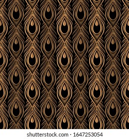 Peacock feathers luxury pattern seamless. Oriental gold black royal background vector. Art deco design for gift wrapping paper, beauty spa, yoga wallpaper, wedding party, birthday package, backdrop.
