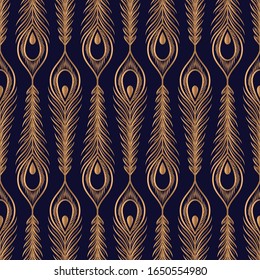 Peacock feathers luxury pattern seamless. Oriental gold black royal background vector. Eastern design for gift wrapping paper, beauty spa, yoga wallpaper, wedding party, birthday package, backdrop.