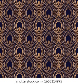 Peacock feathers luxury pattern seamless. Oriental gold black royal background vector. Paisley design for gift wrapping paper, beauty spa, yoga wallpaper, wedding party, birthday package, backdrop.