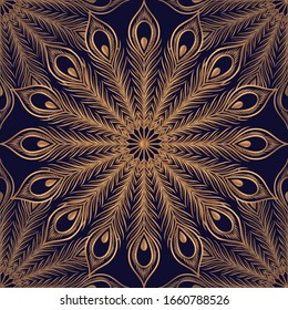 Peacock feathers luxury pattern seamless. Oriental gold black royal background vector. Mandala design for gift wrapping paper, beauty spa, yoga wallpaper, wedding party, birthday package, backdrop.