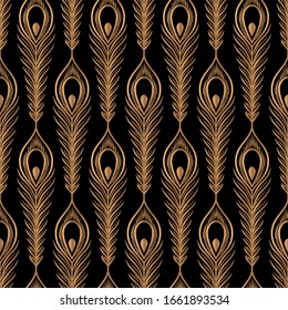 Peacock feathers luxury pattern seamless. Oriental gold black royal background vector. Indian design for gift wrapping paper, beauty spa, yoga wallpaper, wedding party, birthday package, backdrop.