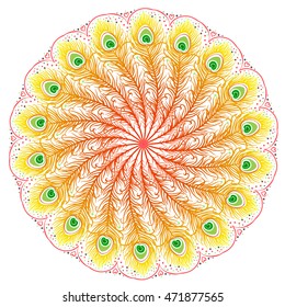 Peacock feathers mandala. Beautiful vintage round pattern. Hand drawn abstract background. Decorative retro banner isolated. Invitation, t-shirt print, kaleidoscope. Beach roundie design.