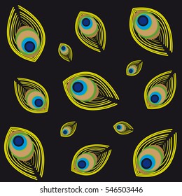Peacock feathers on black Background. Vector illustration.