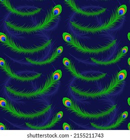 Pfauenfedern auf blauem Hintergrund, nahtloses Muster, Stoffdesign, Tapeten und Fliesen, Vektorgrafik