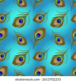 Peacock feathers on a blue background. Seamless pattern, print, wallpaper, vector illustration