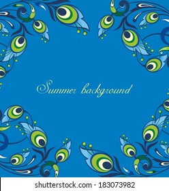 Peacock feathers on blue background.Summer abstract background