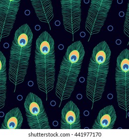 Peacock feathers on a dark background. Seamless pattern. Vector illustration.