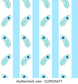  Peacock feathers are on white in a blue striped background. This is a seamless pattern.  Can be used for fabrics, wallpapers.