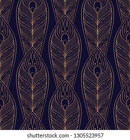 Patrón real de plumas de pavo real sin costuras. Vector de fondo de lujo. Diseño de oro para el Fondo de pantalla, regalo de cumpleaños que envuelve el papel, salón del balneario de la belleza, banquete de boda indio, tarjeta de la Navidad del día de fiesta.
