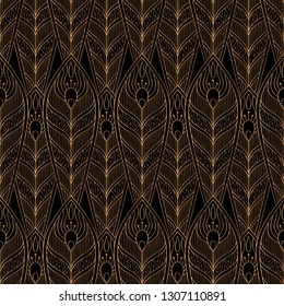 Peacock feathers royal pattern seamless. Luxury background vector. Gold black design for wallpaper, birthday gift wrapping paper, beauty spa salon, indian wedding party, holiday christmas card.