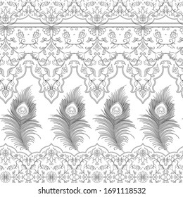 Peacock feathers Seamless pattern, background. Outline vector illustration..