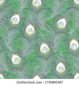 Peacock feathers Seamless pattern, background. Outline and colored vector illustration..