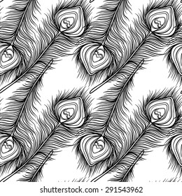 Peacock feathers seamless pattern in black and white. Repeating background texture, natural print. Fabric design, wallpaper