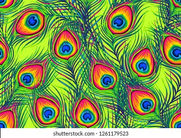 Peacock feathers seamless pattern. Color hand drawn exotic bird plumage.