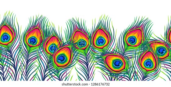 Peacock feathers seamless pattern. Color hand drawn exotic bird plumage.