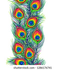 Peacock feathers seamless pattern. Color hand drawn exotic bird plumage.