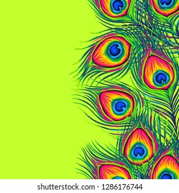 Peacock feathers seamless pattern. Color hand drawn exotic bird plumage.