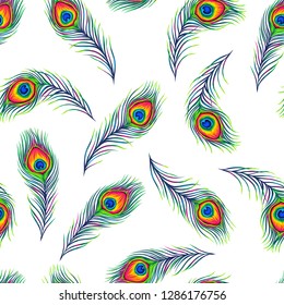 Peacock feathers seamless pattern. Color hand drawn exotic bird plumage.