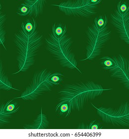 Peacock feathers seamless pattern. Elegant ethnic endless background. Krishna Janmashtami concept. Repetitive texture, backdrop. Vector illustration