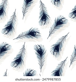 Peacock feathers seamless pattern in indigo blue. simple peacock feather pattern with Shadow background.