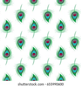 Peacock feathers seamless pattern isolated on white background. Feathers pattern in cartoon style.