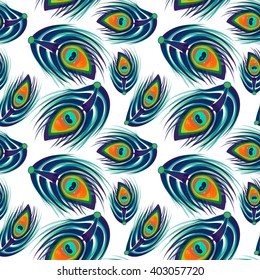Peacock feathers seamless pattern. Peacock feathers on white background. Vector illustration. Pattern for web, mobile and print.