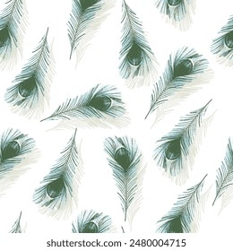 Peacock feathers seamless pattern in summer green, cyan. simple peacock feather pattern with Shadow background.