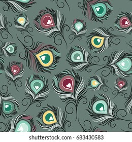 Peacock feathers seamless pattern. Vector illustration on green background