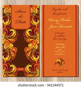 Peacock Feathers. Set printable backgrounds wedding invitation card. Golden, orange and yellow design. Save the date text.Vector illustration. 