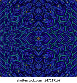 Peacock feathers vector seamless pattern background.