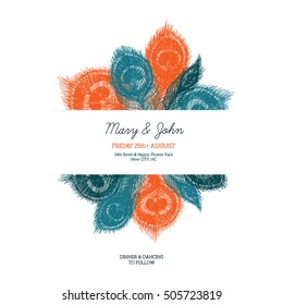 Peacock feathers wedding invitation. Sketchy style feathers. Vector illustration