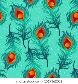 Peacock feathers in winter time with snowflakes falling, seasonal seamless pattern. Floral ornamental texture for different prints. Repeated bird ethnic illustration.