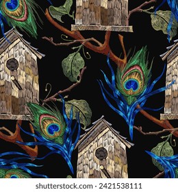 Peacock feathers and wooden bird house on black background. Seamless pattern. Template fashionable clothes, t-shirt design. Classical embroidery