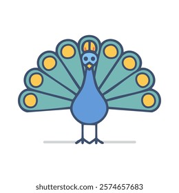 Peacock flat line icon. Vector illustration of peacocks with blue and green wings.
