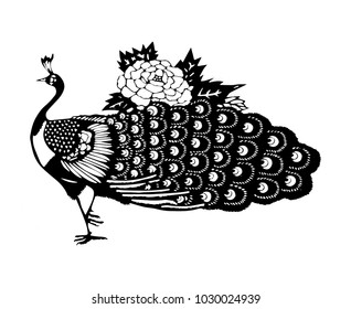 Peacock and flower illustration in black and white. Oriental style.