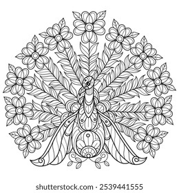 Peacock with flower tail hand drawn for adult coloring book