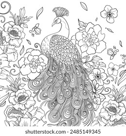 Peacock with flowers, colouring book page design, vector outline.