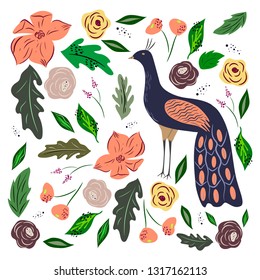 Peacock and flowers hand drawn flat color illustrations set. Floral sketch. Bird and flower collection. Vector.