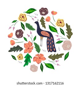 Peacock and flowers hand drawn flat color illustrations set. Floral sketch. Bird and flower collection. Vector.