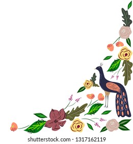 Peacock and flowers hand drawn flat color illustrations set. Floral sketch. Bird and flower collection. Vector.