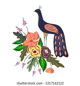 Peacock and flowers hand drawn flat color illustrations set. Floral sketch. Bird and flower collection. Vector.