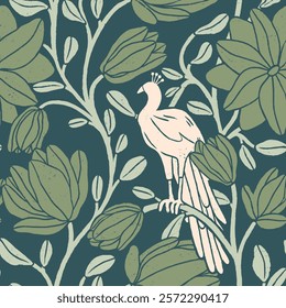 Peacock and flowers repeat pattern, seamless botanical pattern for wallpaper, stationery, home decoration, bedding, romantic English garden collection