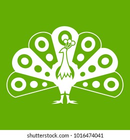 Peacock with flowing tail icon white isolated on green background. Vector illustration