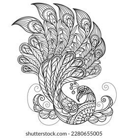Peacock flying hand drawn for adult coloring book
